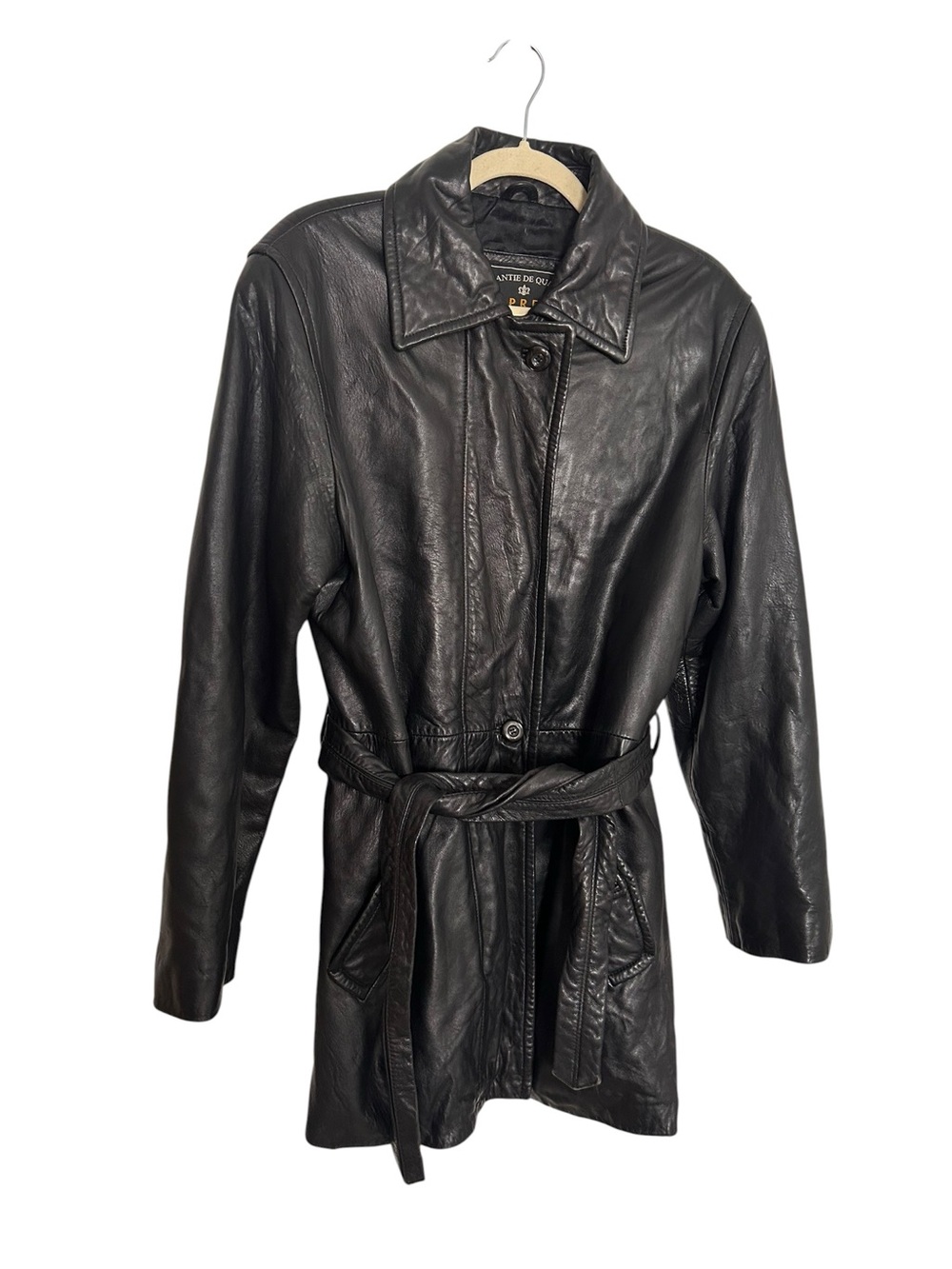 Vintage Express Genuine Leather Belted Jacket Black Women’s Medium Long Coat